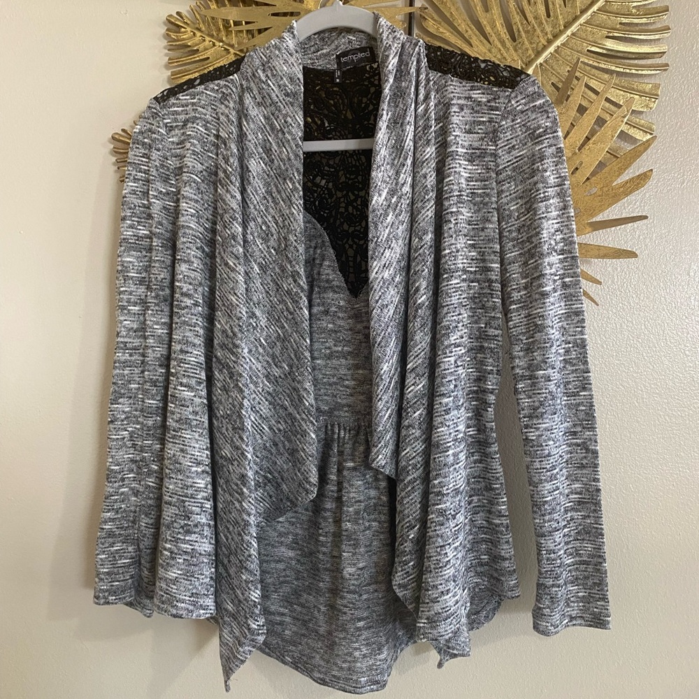 Tempted Gray Cardigan with Black Lace Accents